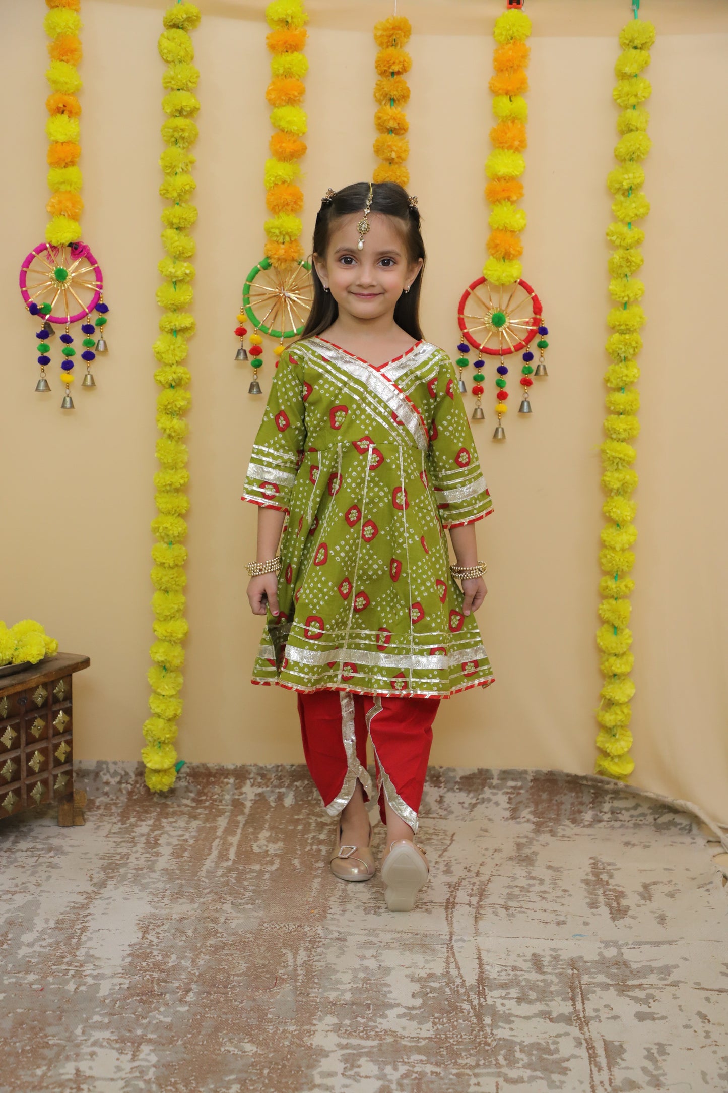 Traditional Ethnic GREEN Color Salwar Suit Set, Cotton Gota Patti Kurta with Dhoti Pants.
