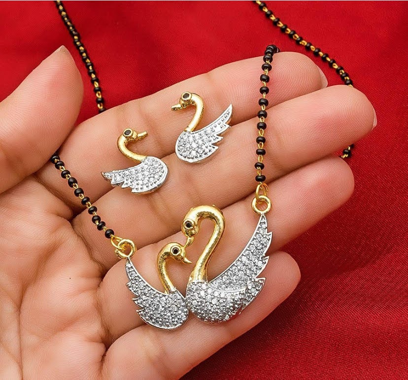 Women Pride Traditional Gold Plated Mangalsutra Necklace with Silver-Toned 2 Duck Pendant (Hanso Ka Joda) & Earrings | Black Bead Chain Jewellery for Women