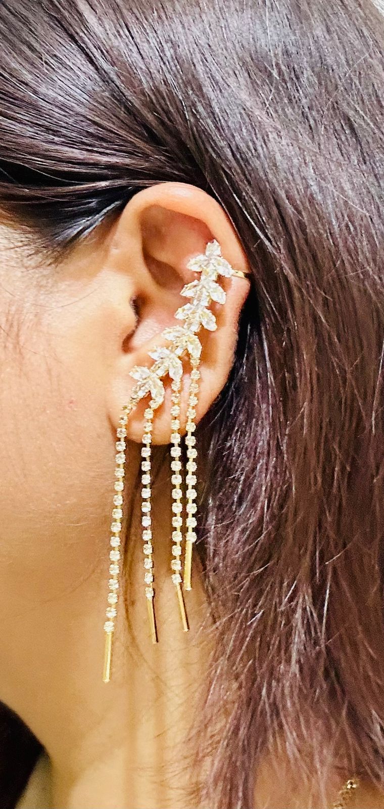 Gold Plated Korean Style Long Tassel Ear Cuff for Women & Girls | Stylish Non-Pierced Drop Earrings for Celebrations, Wedding & Gift Jewellery