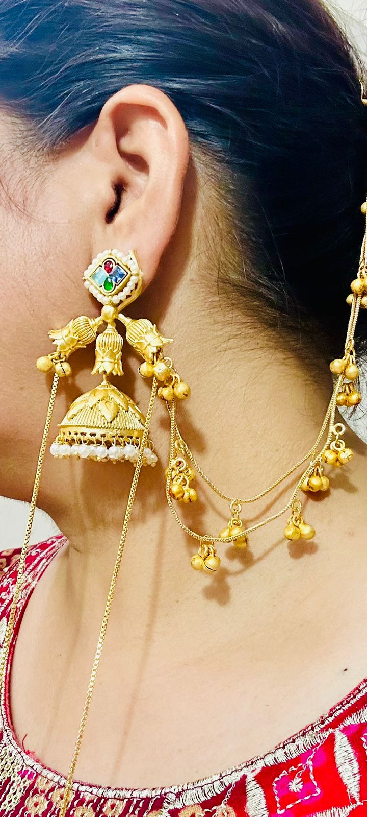 ROSAMODE Traditional Ethnic Indian Kashmiri Jhumka Earrings for Women & Girls, Handmade Golden Pearl & Crystal Stone Jhumki with Kaan Chain