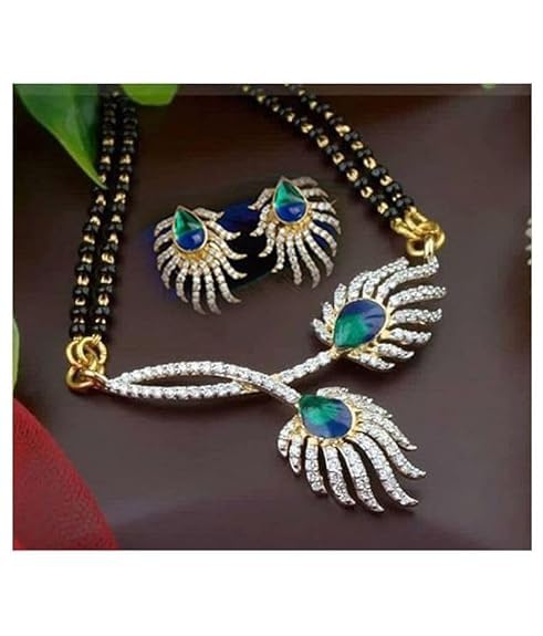 American Diamond Gold Polished Morpankh Mangalsutra Pendant Set with Chain & Earrings for Women | Traditional Jewellery for Wedding