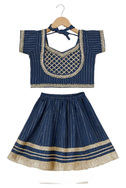 ROSAMODE Girls' Royal Blue Cambric Cotton Lehenga Choli Set with Gota Patti Work | Traditional Ghagra Choli Outfit for Toddlers & Kids (6 Months – 7 Years) | Festival & Wedding occasion