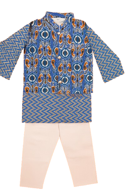 ROSAMODE Boys Kurta Pajama with Koti Jacket Set | Cotton Ethnic Wear with Peacock Feather Print for Baby & Kids | Festive Traditional Outfit for Weddings, Diwali, Functions & Parties