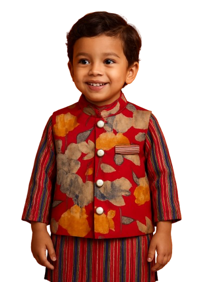 ROSAMODE Boys Kurta Pajama with Koti Jacket Set | Cotton Ethnic Wear with Ajrakh & Floral Print for Baby & Kids | Traditional Festive Outfit for Diwali, Weddings & Parties