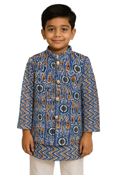 ROSAMODE Boys Kurta Pajama with Koti Jacket Set | Cotton Ethnic Wear with Peacock Feather Print for Baby & Kids | Festive Traditional Outfit for Weddings, Diwali, Functions & Parties