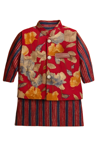 ROSAMODE Boys Kurta Pajama with Koti Jacket Set | Cotton Ethnic Wear with Ajrakh & Floral Print for Baby & Kids | Traditional Festive Outfit for Diwali, Weddings & Parties
