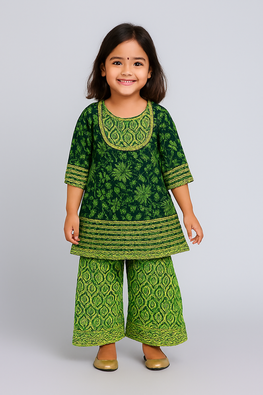 ROSAMODE Baby Girl Cotton Kurti and Sharara Set – Sanganeri Floral Printed Frock Style Ethnic Dress for Kids, Traditional Indian Outfit for Festivals & Parties (1–7 Years)
