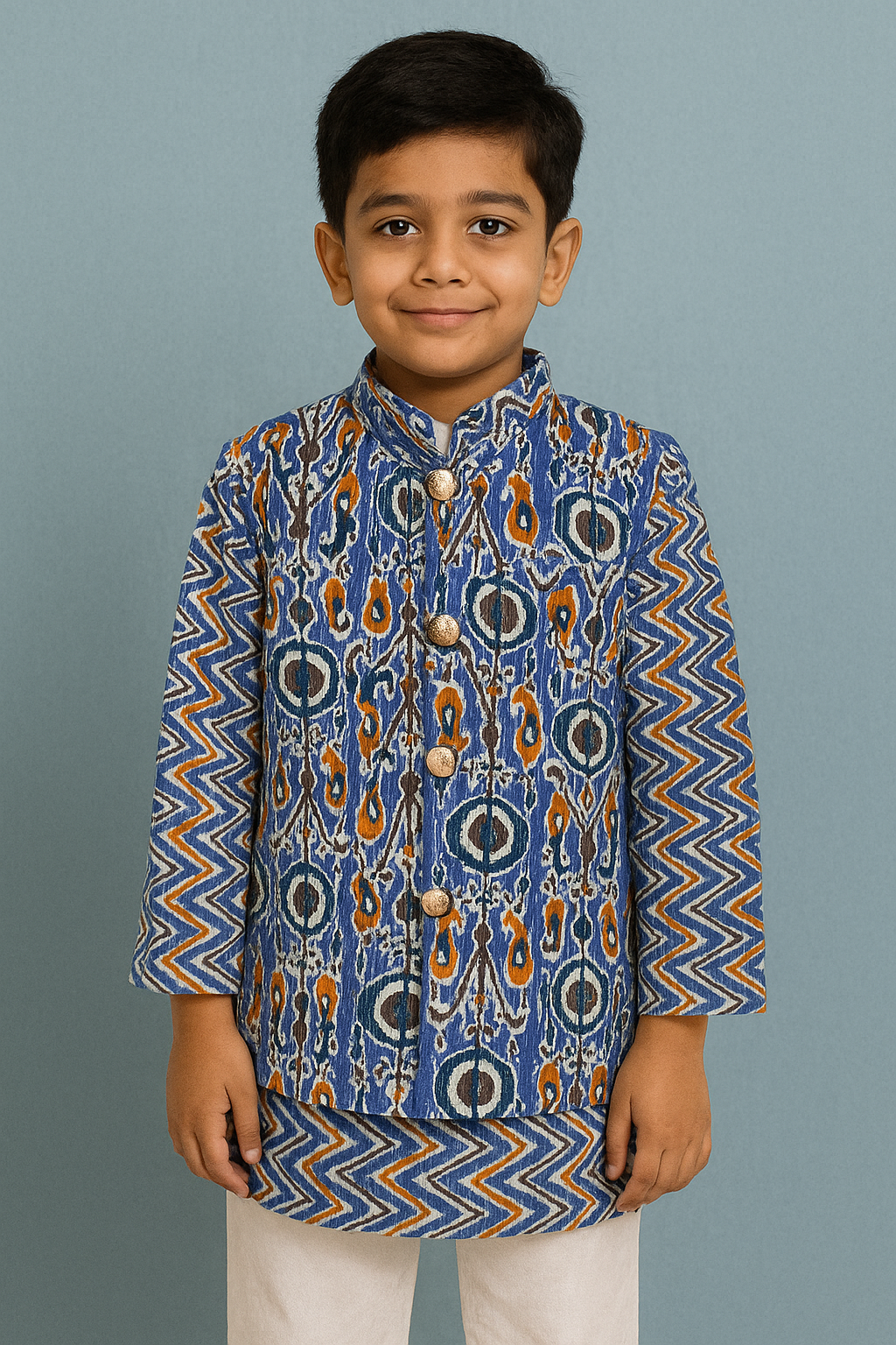 ROSAMODE Boys Kurta Pajama with Koti Jacket Set | Cotton Ethnic Wear with Peacock Feather Print for Baby & Kids | Festive Traditional Outfit for Weddings, Diwali, Functions & Parties