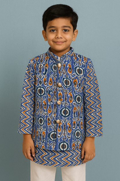 ROSAMODE Boys Kurta Pajama with Koti Jacket Set | Cotton Ethnic Wear with Peacock Feather Print for Baby & Kids | Festive Traditional Outfit for Weddings, Diwali, Functions & Parties