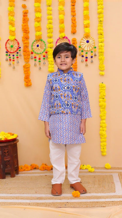 ROSAMODE Boys Kurta Pajama with Koti Jacket Set | Cotton Ethnic Wear with Peacock Feather Print for Baby & Kids | Festive Traditional Outfit for Weddings, Diwali, Functions & Parties