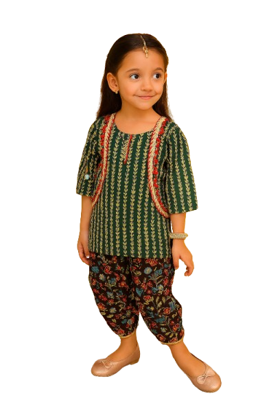 ROSAMODE Ethnic Printed Sequined Pure Cotton Patiala Salwar Dhoti Style Kurta Salwar Suit Set for Girls with Jacket | Age: 6 months to 8 years