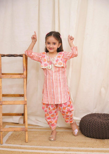 Baby Girl Ethnic Cotton Wear Kurti, Dhoti & Gota Patti Suit with mix color Pink & Orange