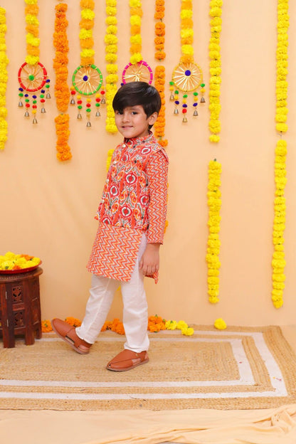 ROSAMODE Boys Kurta Pajama with Koti Jacket Set | Cotton Ethnic Wear with Peacock Feather Print for Baby & Kids | Festive Traditional Outfit for Weddings, Diwali, Functions & Parties