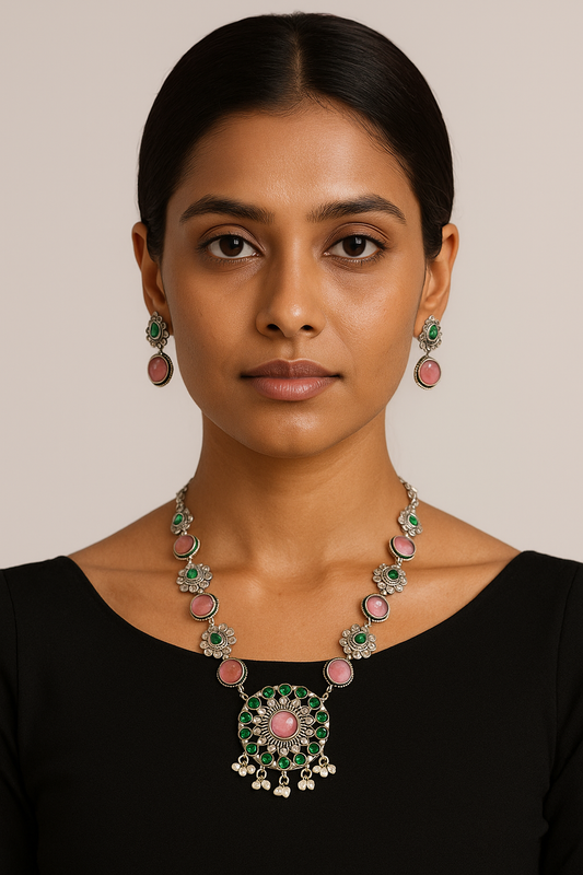 ROSAMODE American Diamond Ethnic Necklace & Earring Set for Women & Girls | Pink & Green Stones