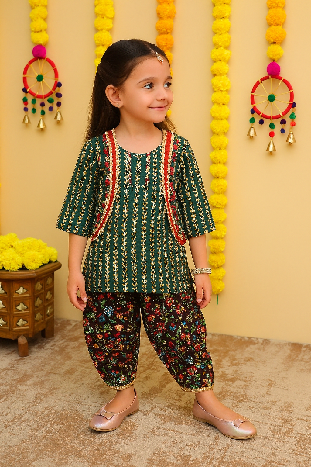 ROSAMODE Ethnic Printed Sequined Pure Cotton Patiala Salwar Dhoti Style Kurta Salwar Suit Set for Girls with Jacket | Age: 6 months to 8 years