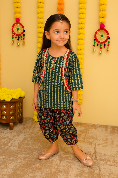 ROSAMODE Ethnic Printed Sequined Pure Cotton Patiala Salwar Dhoti Style Kurta Salwar Suit Set for Girls with Jacket | Age: 6 months to 8 years