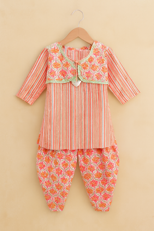 Baby Girl Ethnic Cotton Wear Kurti, Dhoti & Gota Patti Suit with mix color Pink & Orange