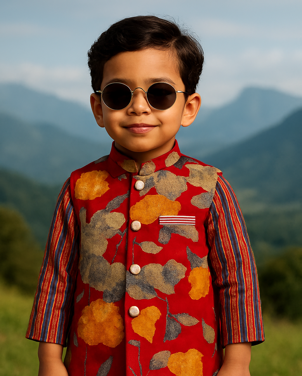 ROSAMODE Boys Kurta Pajama with Koti Jacket Set | Cotton Ethnic Wear with Ajrakh & Floral Print for Baby & Kids | Traditional Festive Outfit for Diwali, Weddings & Parties