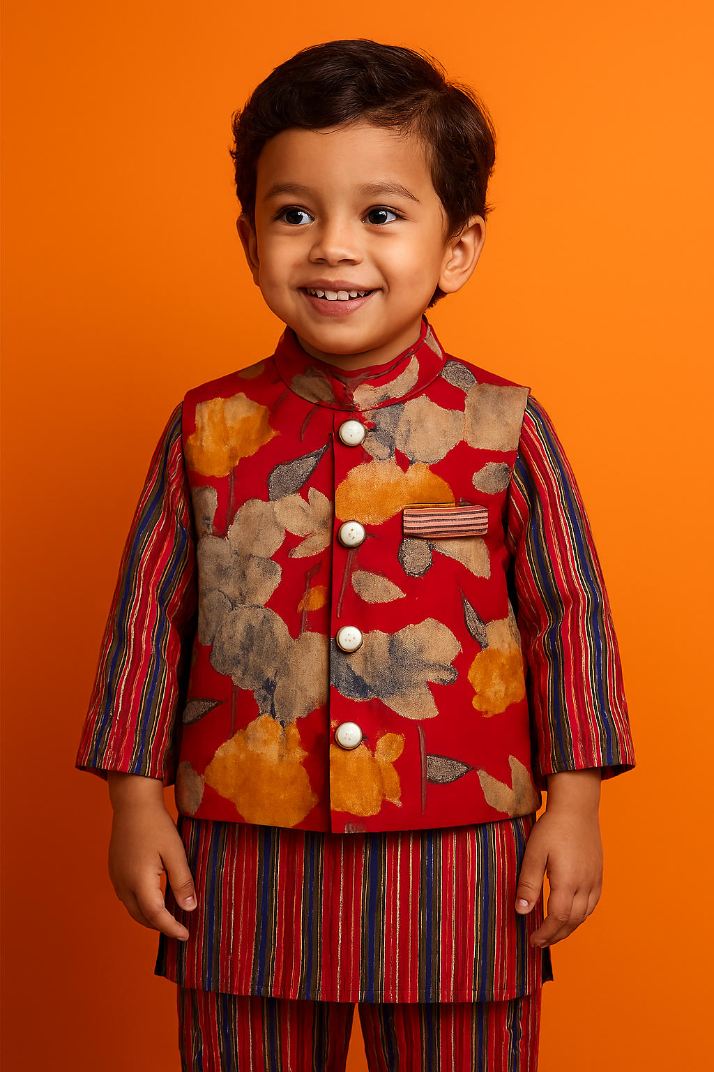 ROSAMODE Boys Kurta Pajama with Koti Jacket Set | Cotton Ethnic Wear with Ajrakh & Floral Print for Baby & Kids | Traditional Festive Outfit for Diwali, Weddings & Parties