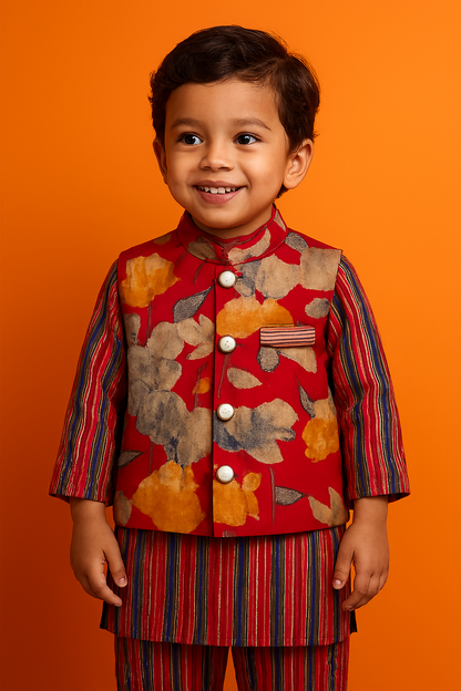 ROSAMODE Boys Kurta Pajama with Koti Jacket Set | Cotton Ethnic Wear with Ajrakh & Floral Print for Baby & Kids | Traditional Festive Outfit for Diwali, Weddings & Parties