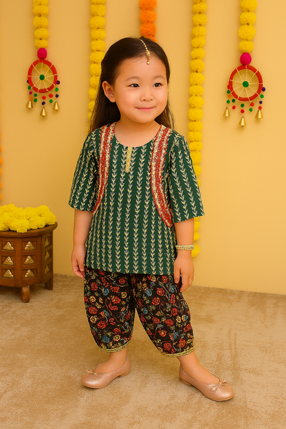 ROSAMODE Ethnic Printed Sequined Pure Cotton Patiala Salwar Dhoti Style Kurta Salwar Suit Set for Girls with Jacket | Age: 6 months to 8 years