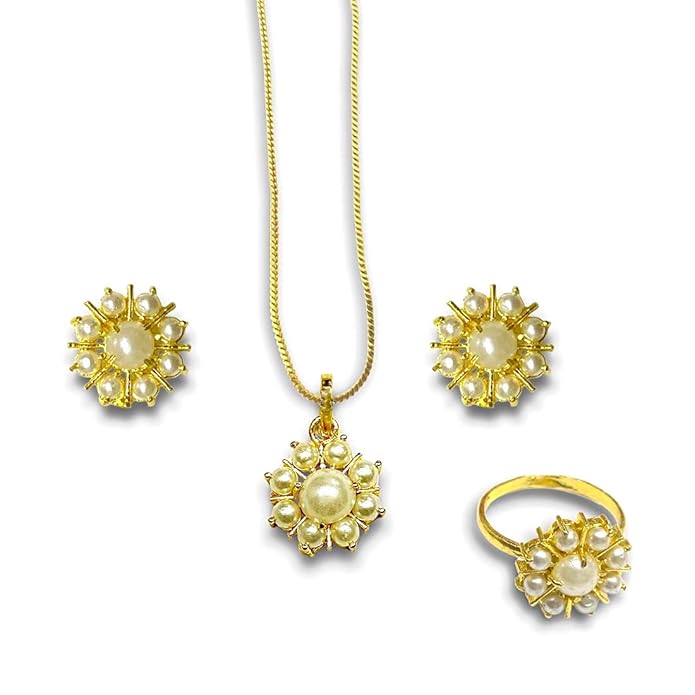 Pearl Necklace Set with Ring & Earrings Combo for Women & Girls – Gold Polished Traditional Jewellery