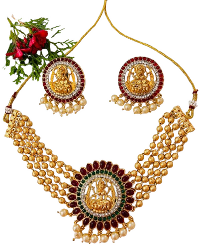 Gold Polished Pearl Choker Necklace with Maa Lakshmi Pendant for Women.