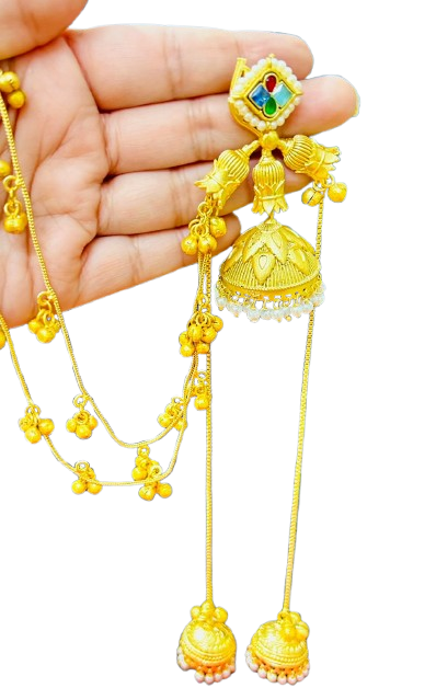 ROSAMODE Traditional Ethnic Indian Kashmiri Jhumka Earrings for Women & Girls, Handmade Golden Pearl & Crystal Stone Jhumki with Kaan Chain