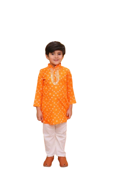 Boys Ethnic Kurta Pajama with Gota Patti, Orange Kurta & White Pajama