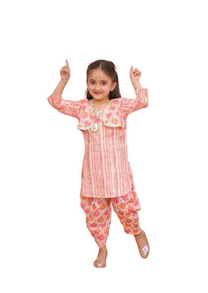 Baby Girl Ethnic Cotton Wear Kurti, Dhoti & Gota Patti Suit with mix color Pink & Orange