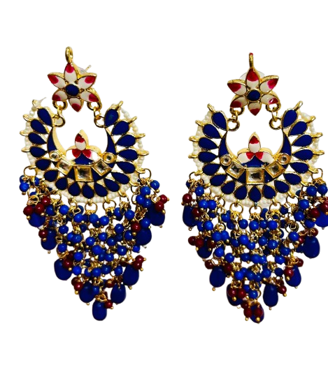 ROSAMODE Traditional Indian Meenakari Chandbali Earrings for Women – Royal Blue 11cm Handcrafted Kundan Ethnic Jewelry | Earrings for Wedding & Festival
