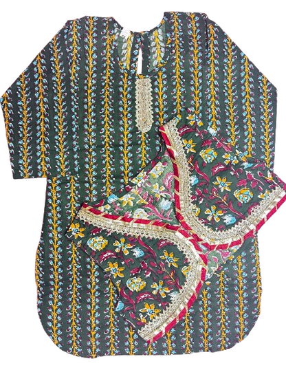 ROSAMODE Ethnic Printed Sequined Pure Cotton Patiala Salwar Dhoti Style Kurta Salwar Suit Set for Girls with Jacket | Age: 6 months to 8 years