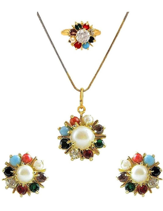 Gold Plated American Diamond Jewelry Set for Women & Girls – 9 Rattan Pendant with Earrings & Ring – Stylish Wear