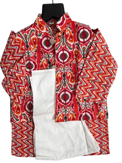 ROSAMODE Boys Kurta Pajama with Koti Jacket Set | Cotton Ethnic Wear with Peacock Feather Print for Baby & Kids | Festive Traditional Outfit for Weddings, Diwali, Functions & Parties