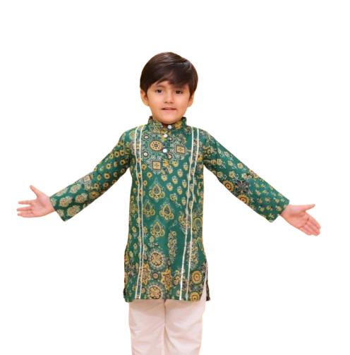 Traditional Indian Outfit with Green & White Color Boys Ethnic Kurta Pajama Set for Any Ocassions, Festivals & Weddings