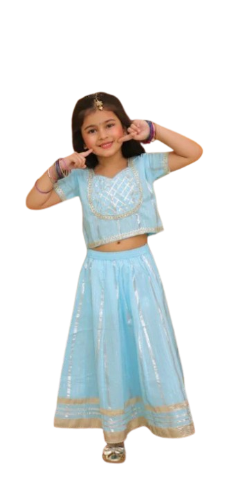 Blue Asmani Cambric Cotton with Gota Patti Lehenga/Ghagra Choli for Girls (1-7 Years)