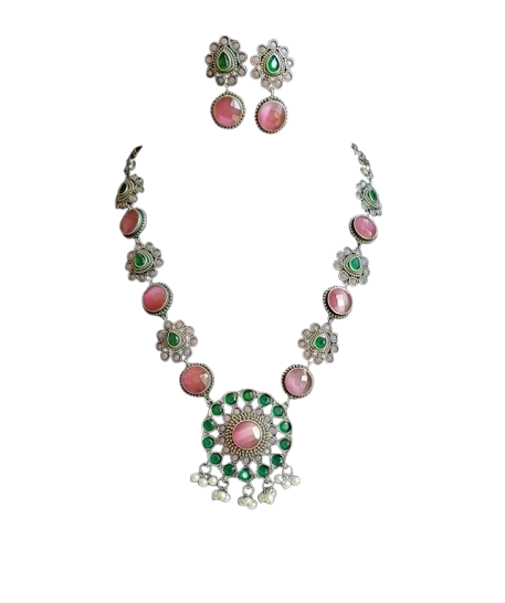ROSAMODE American Diamond Ethnic Necklace & Earring Set for Women & Girls | Pink & Green Stones