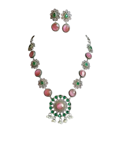 ROSAMODE American Diamond Ethnic Necklace & Earring Set for Women & Girls | Pink & Green Stones