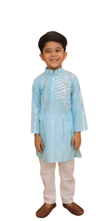 ROSAMODE Ethnic Sky Blue Asmani Cotton Cambric Kurta with Gota Patti Work & White Pajama for Festive & Wedding Outfit. (1-7 Years)