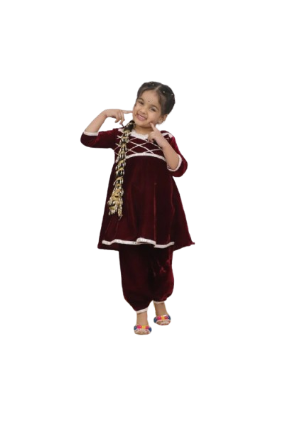 Girls Kurta and Afghani Salwar Set, Maroon Color Velvet V-Neck Kurta with Gota Patti Work