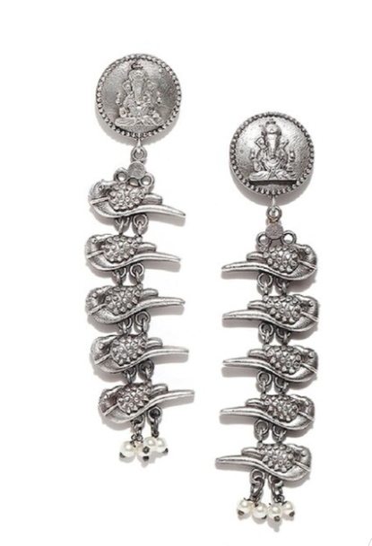 Oxidized Ganpati & Bird Design Long Drop Earrings