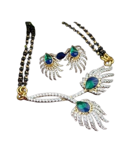 American Diamond Gold Polished Morpankh Mangalsutra Pendant Set with Chain & Earrings for Women | Traditional Jewellery for Wedding