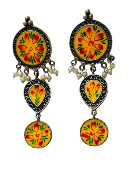 Traditional Indian Art Painting Oxidized Dangle Hand-Painted Long Earrings for Women