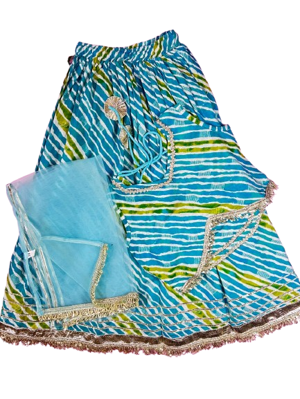 ROSAMODE Girls Lehenga Choli Set with Mirror Work & Gota Detailing | Soft & Comfortable Ready-to-Wear Sky Blue Asmani Lehariya Ethnic Outfit