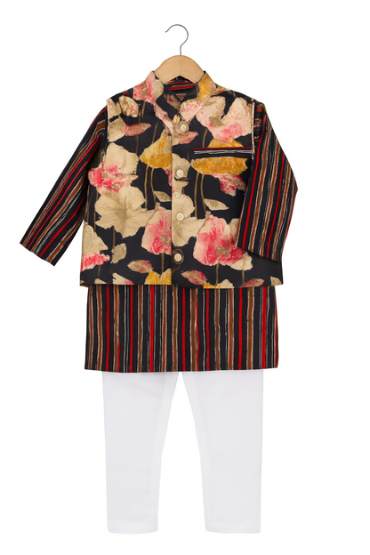 ROSAMODE Boys Kurta Pajama with Koti Jacket Set | Cotton Ethnic Wear with Ajrakh & Floral Print for Baby & Kids | Traditional Festive Outfit for Diwali, Weddings & Parties