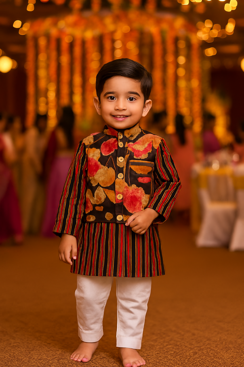 ROSAMODE Boys Kurta Pajama with Koti Jacket Set | Cotton Ethnic Wear with Ajrakh & Floral Print for Baby & Kids | Traditional Festive Outfit for Diwali, Weddings & Parties