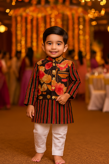 ROSAMODE Boys Kurta Pajama with Koti Jacket Set | Cotton Ethnic Wear with Ajrakh & Floral Print for Baby & Kids | Traditional Festive Outfit for Diwali, Weddings & Parties