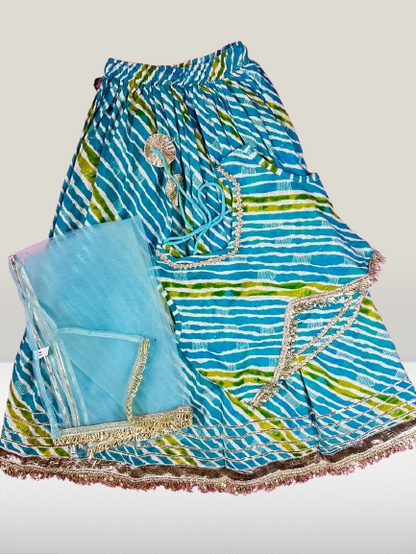 ROSAMODE Girls Lehenga Choli Set with Mirror Work & Gota Detailing | Soft & Comfortable Ready-to-Wear Sky Blue Asmani Lehariya Ethnic Outfit