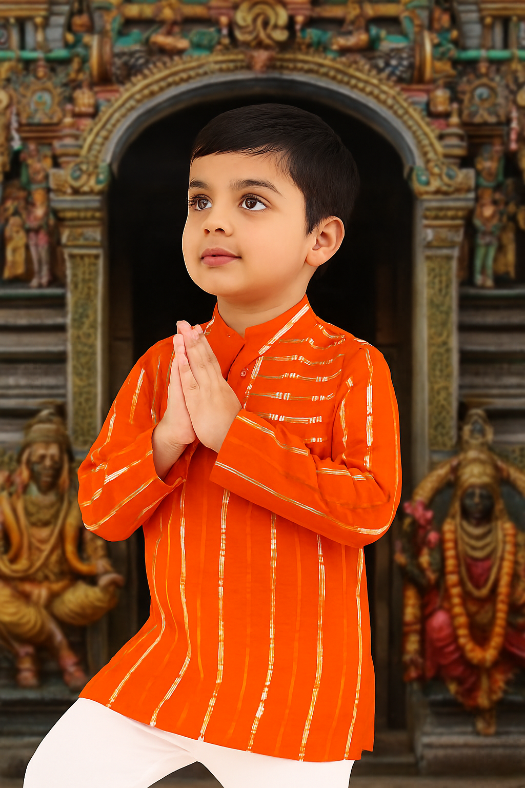 ROSAMODE Ethnic Orange & Royal-Blue Cotton Cambric Kurta with Gota Patti Work and White Pajama for Boys (6 Months – 7 Years)