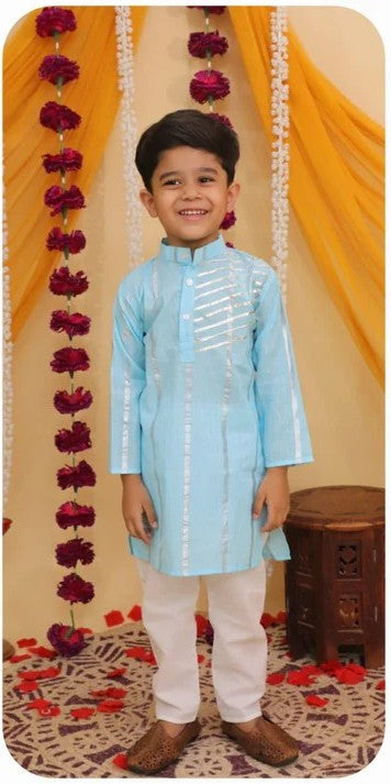 ROSAMODE Ethnic Sky Blue Asmani Cotton Cambric Kurta with Gota Patti Work & White Pajama for Festive & Wedding Outfit. (1-7 Years)